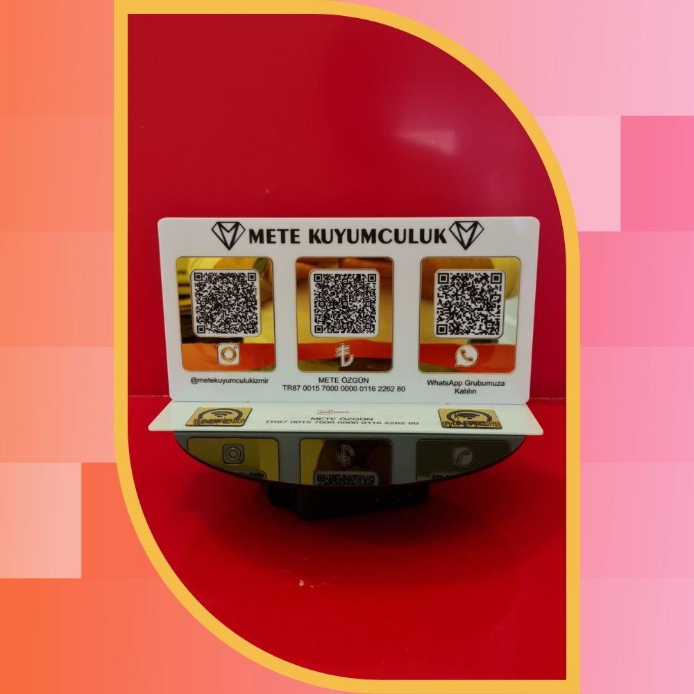 25x14 cm Gold Aynalı Beyaz Pleksi 3'lü QR Kod ve Çift NFC Sosyal Medya Standı