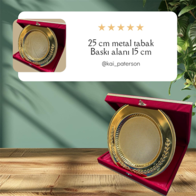 25 cm Metal Tabak Plaket Gold – Kırmızı Kadife Kutulu Kurumsal Başarı ve Teşekkür Ödülü