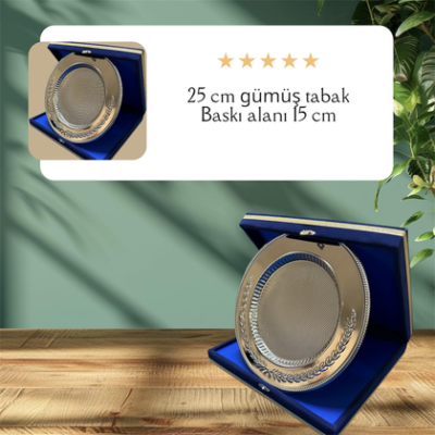 25 cm Metal Tabak Plaket Gümüş – Lacivert Kadife Kutulu Kurumsal Başarı ve Teşekkür Ödülü