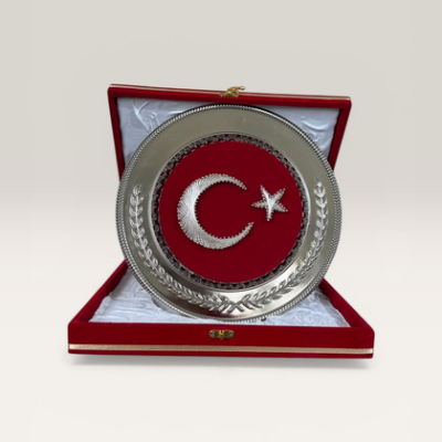 30 cm Büyük Boy Filografi Bayrak Gümüş Tabak Plaket – Kırmızı Kadife Kutulu VIP Protokol Ödülü