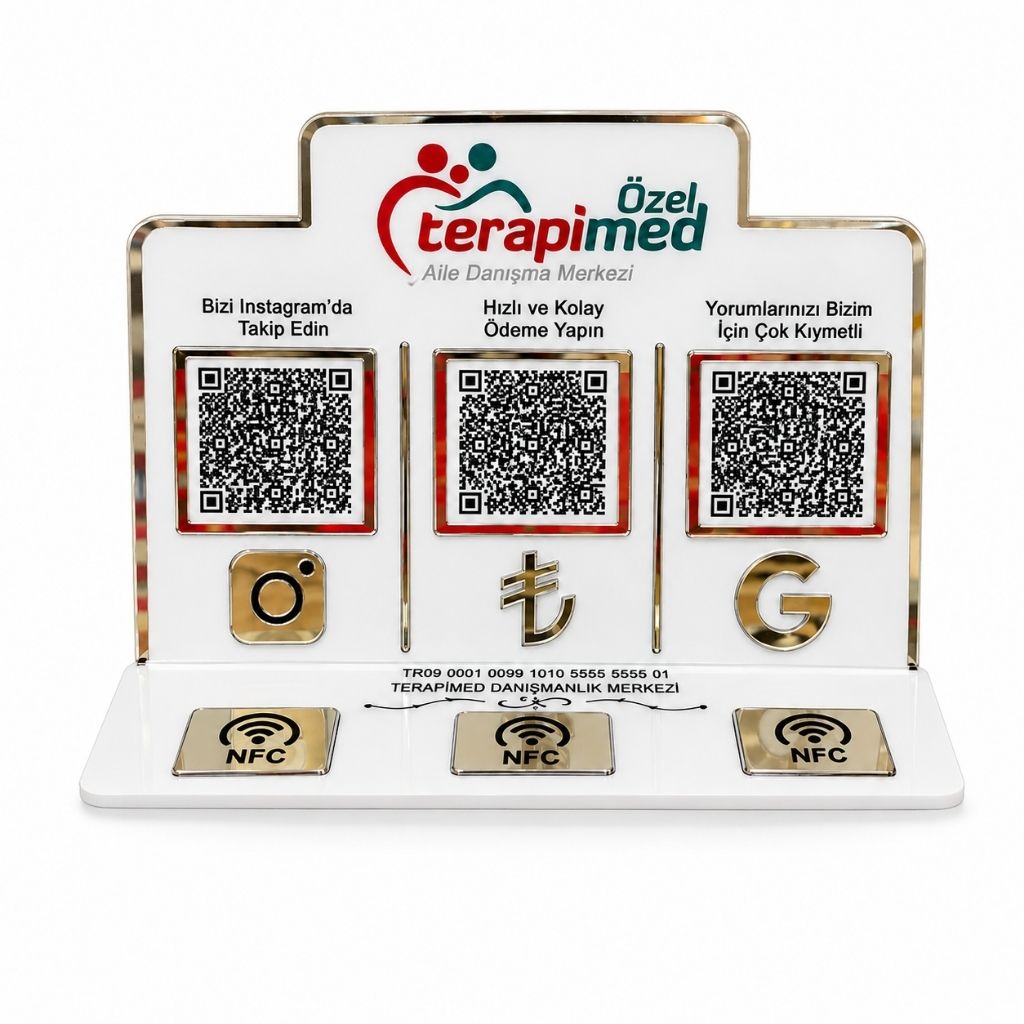 3’lü QR Kod ve NFC Standı – Instagram, Ödeme ve Google Yorum