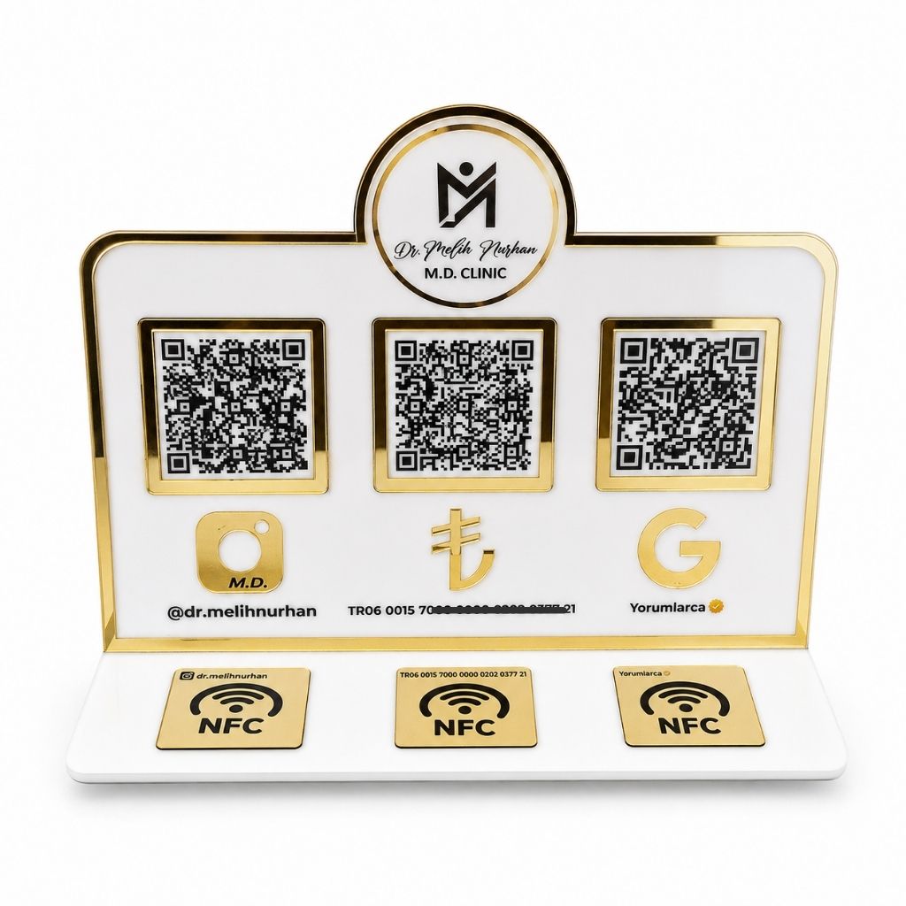 3'lü NFC ve QR Kod Standı – Google Yorum, Instagram ve Ödeme