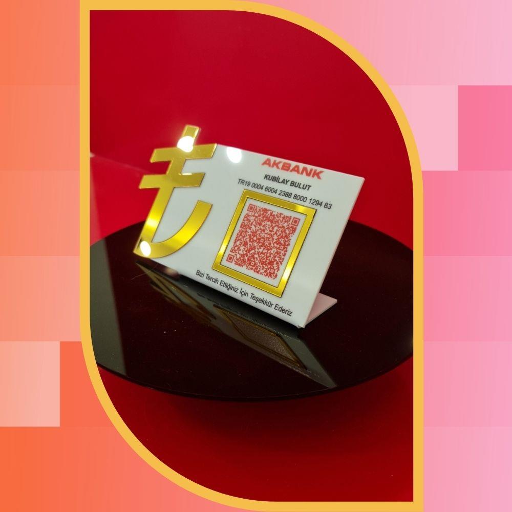 3D TL Simgeli Altın Aynalı IBAN ve QR Kod Ödeme Standı - Masaüstü Finans Panosu