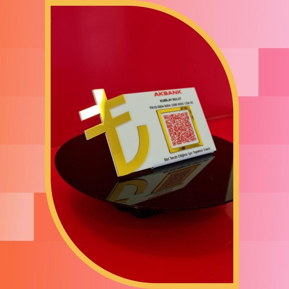 3D TL Simgeli Altın Aynalı IBAN ve QR Kod Ödeme Standı - Masaüstü Finans Panosu