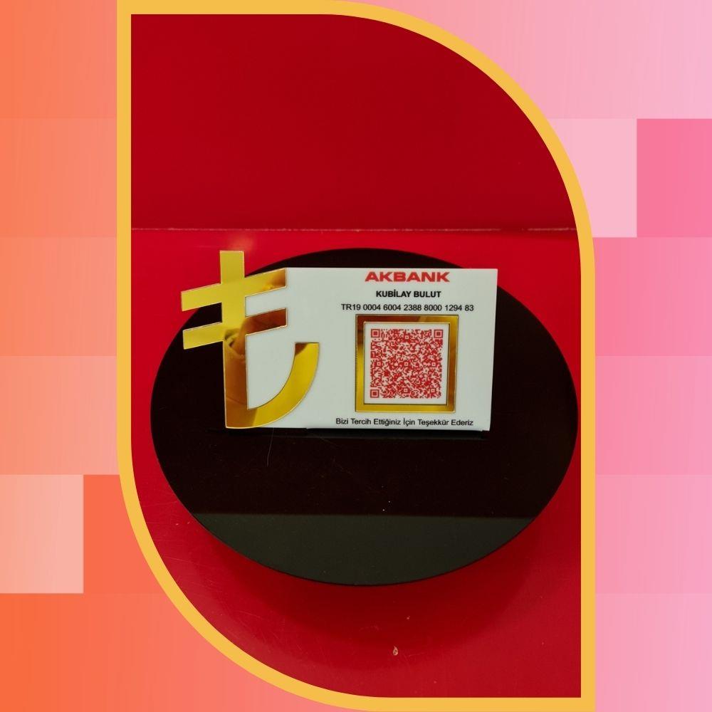 3D TL Simgeli Altın Aynalı IBAN ve QR Kod Ödeme Standı - Masaüstü Finans Panosu