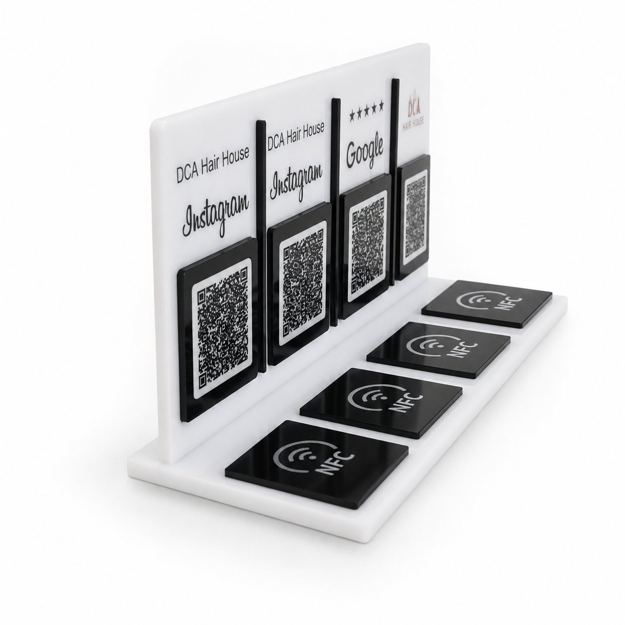4 QR ve 4 NFC Dahil Masaüstü Bilgi Panosu – 4 QR kod alanı ve tasarım detayı