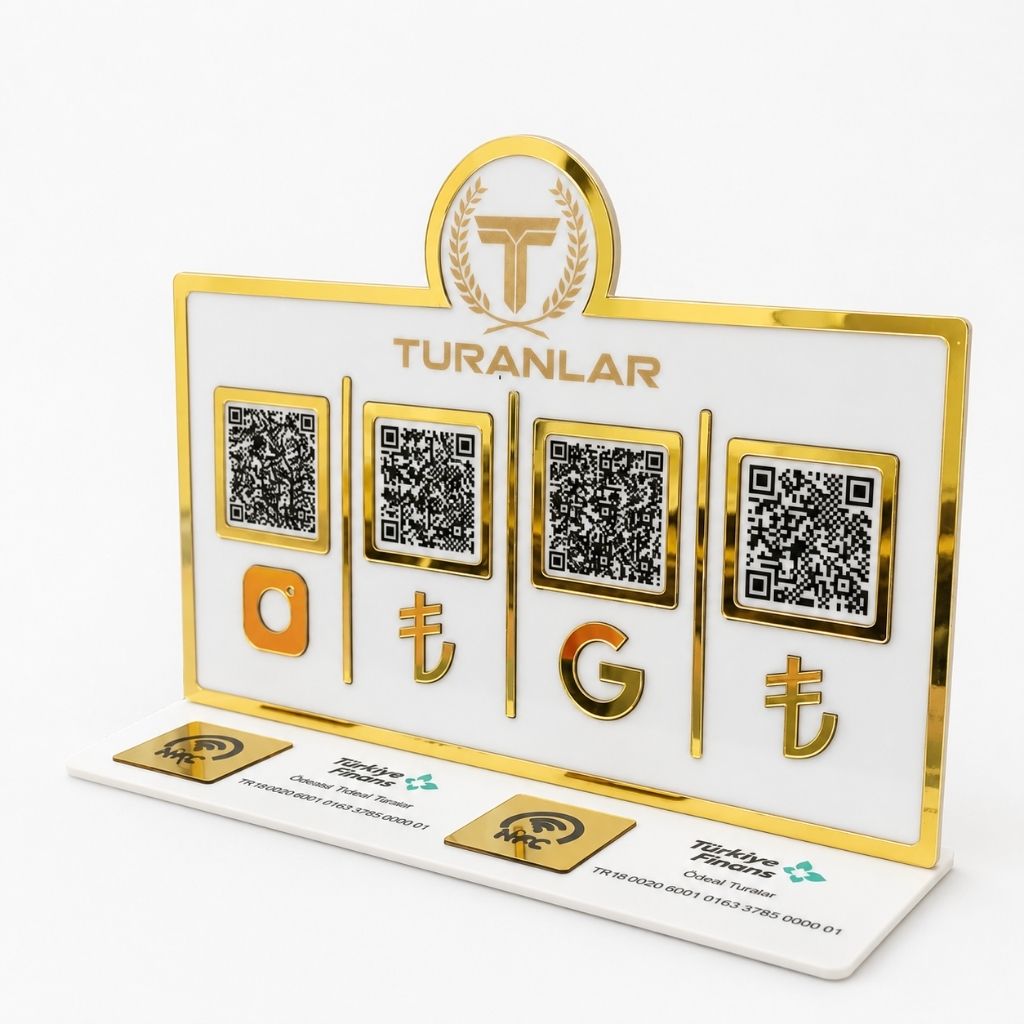 Gold Aynalı 4 QR ve 2 NFC Dahil Ödeme Standı – masaüstü kullanım görünümü