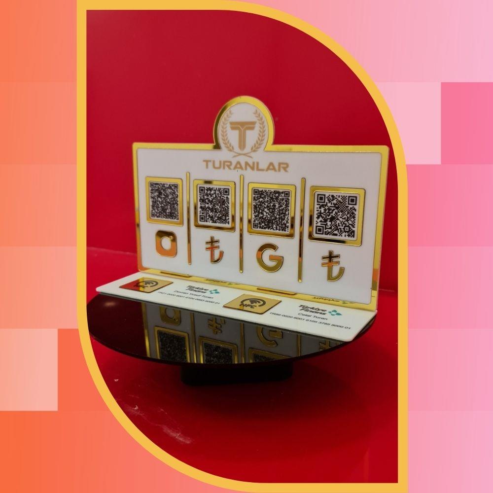 4'lü QR Kod ve NFC Destekli IBAN & Sosyal Medya Ödeme Standı - Gold Aynalı