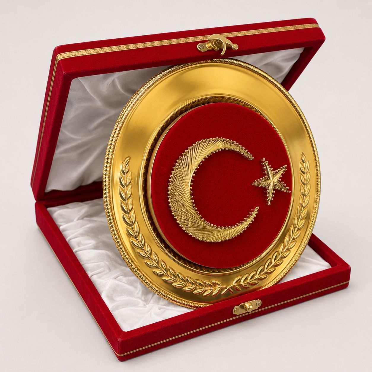 Filografi Bayrak Tabak Plaket – 25 cm Kırmızı Kadife Kutulu Ay Yıldız Protokol Ödülü