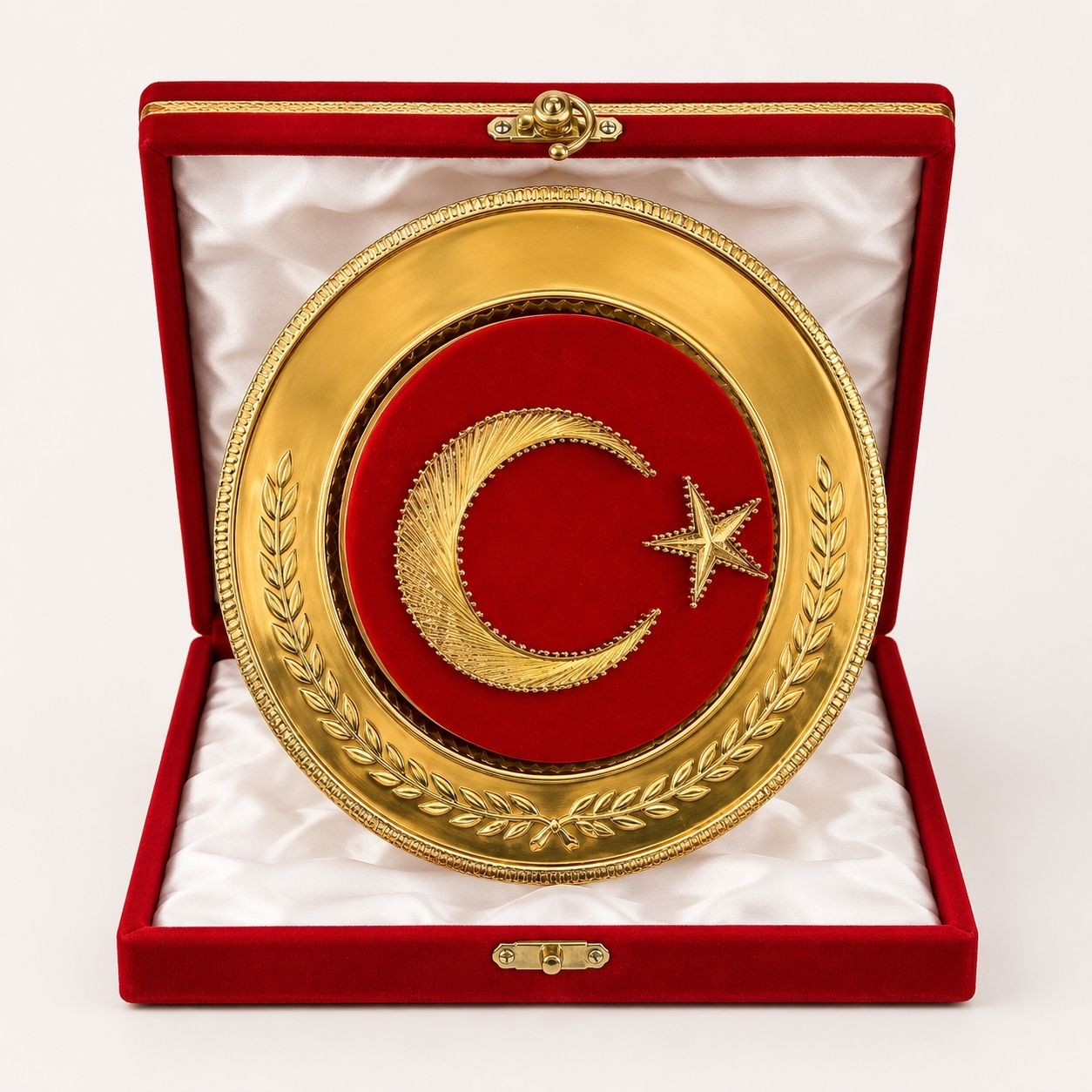 Filografi Bayrak Tabak Plaket – 25 cm Kırmızı Kadife Kutulu Ay Yıldız Protokol Ödülü