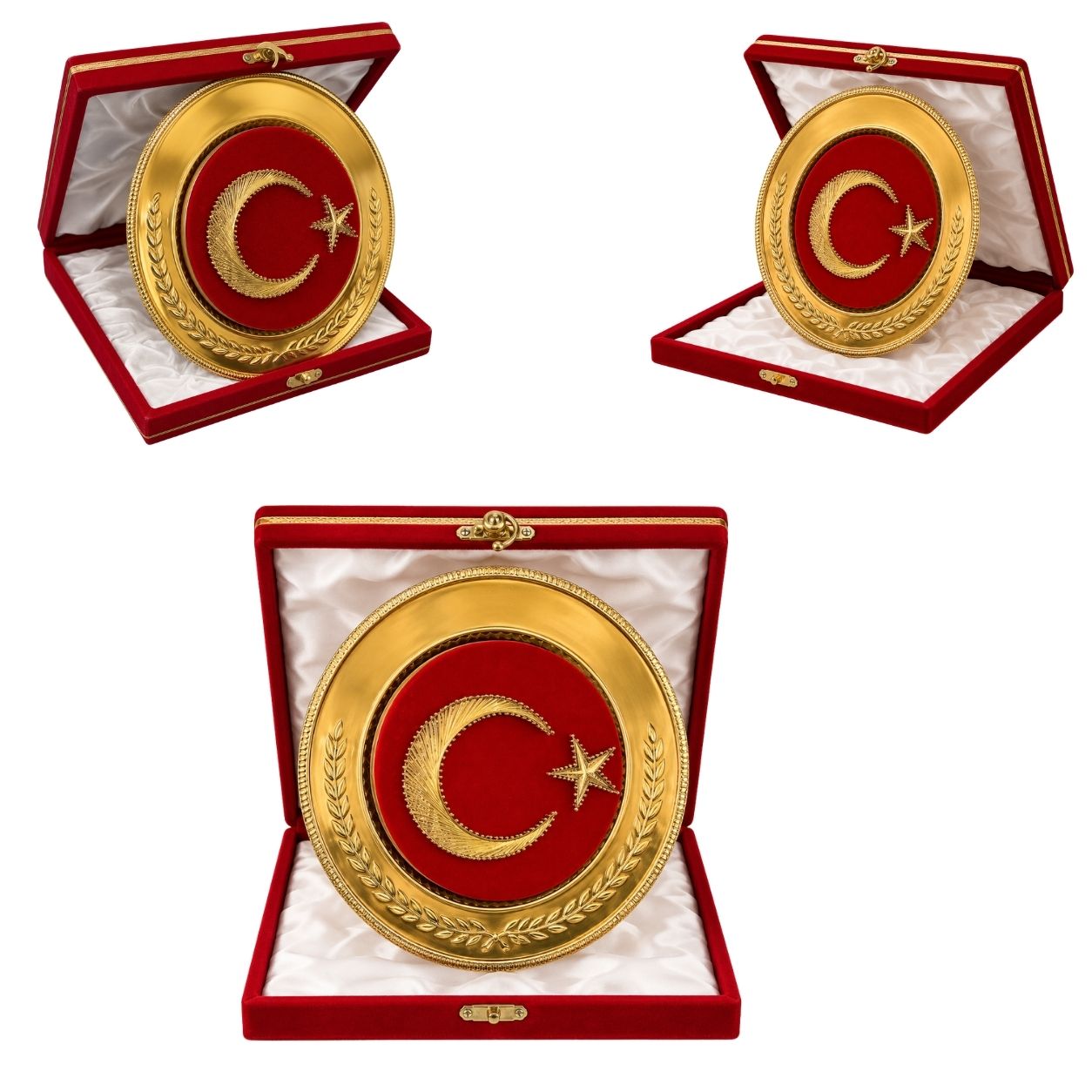 Filografi Bayrak Tabak Plaket – 25 cm Kırmızı Kadife Kutulu Ay Yıldız Protokol Ödülü
