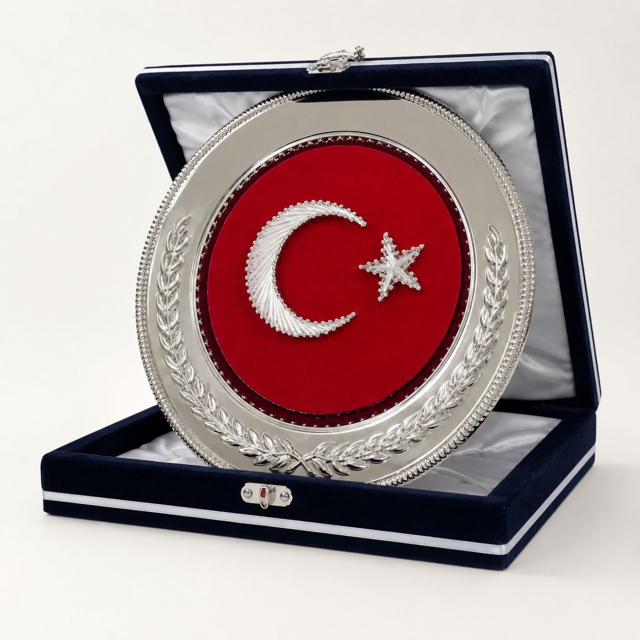 Filografi Bayrak Gümüş Tabak Plaket – 25 cm Lacivert Kadife Kutulu Ay Yıldız Protokol Ödülü