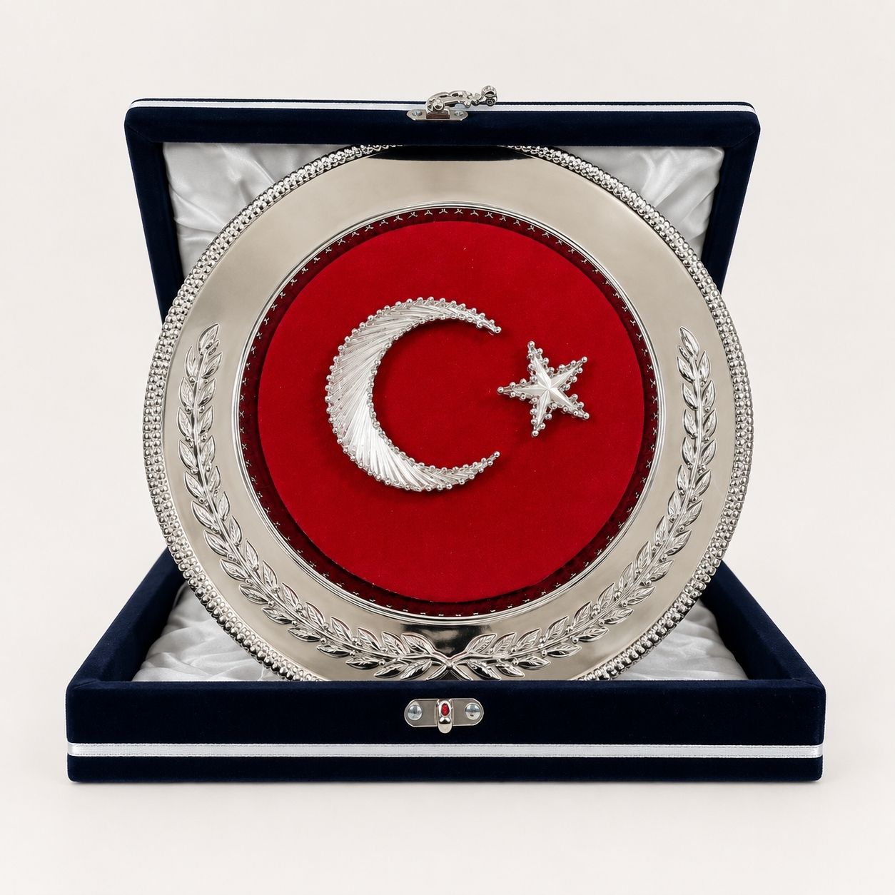 Filografi Bayrak Gümüş Tabak Plaket – 25 cm Lacivert Kadife Kutulu Ay Yıldız Protokol Ödülü