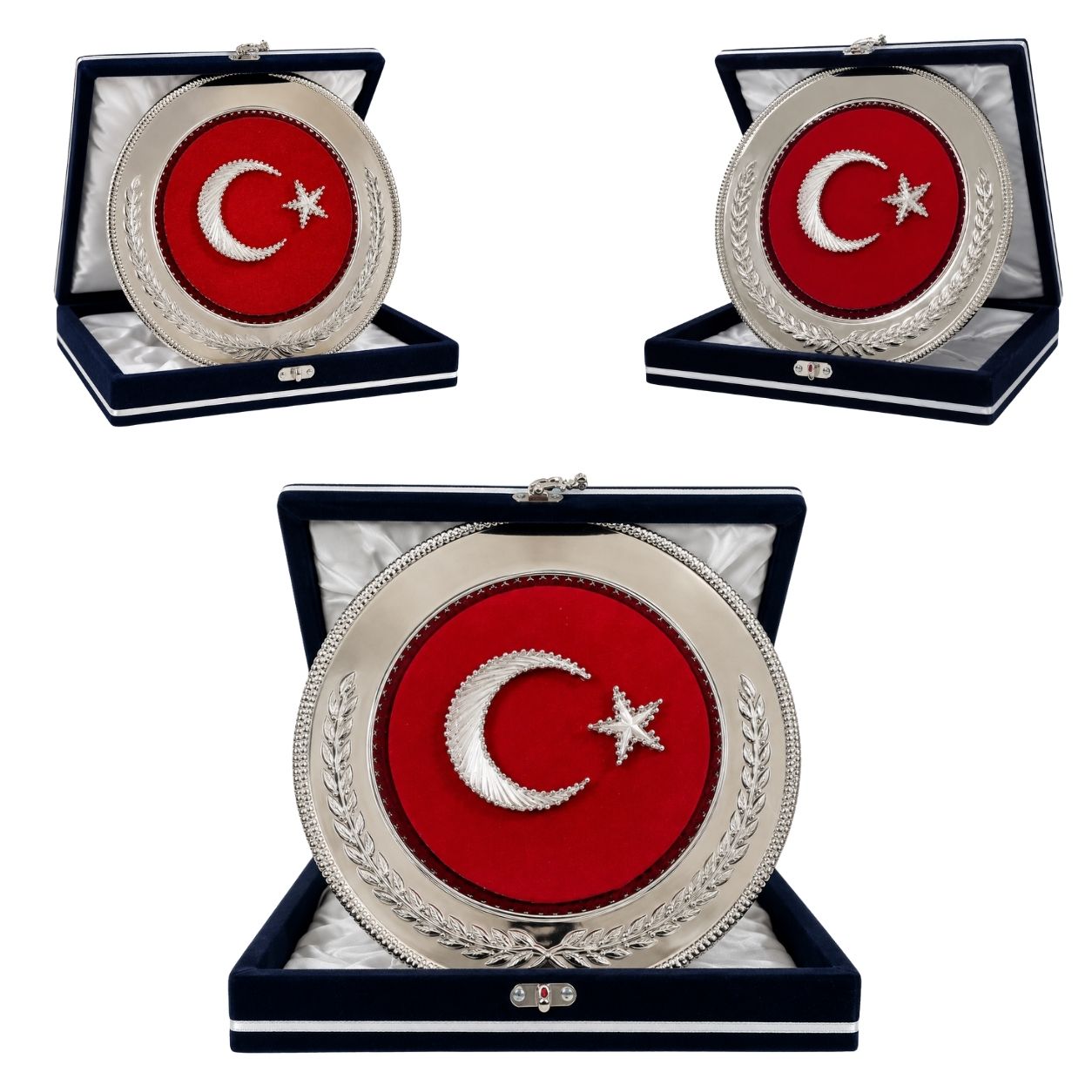 Filografi Bayrak Gümüş Tabak Plaket – 25 cm Lacivert Kadife Kutulu Ay Yıldız Protokol Ödülü