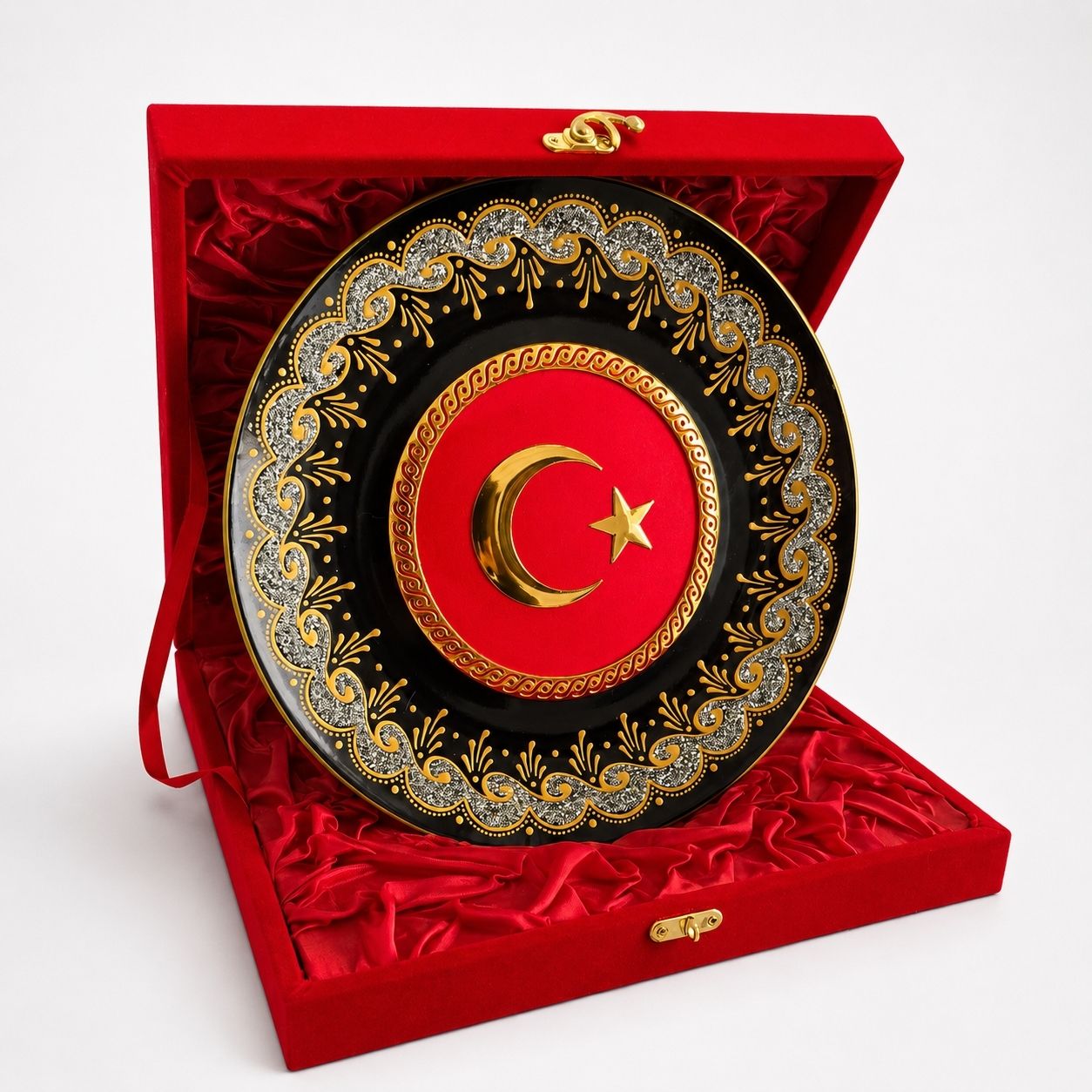 Ay Yıldızlı Porselen Dekoratif Tabak – Kırmızı Kadife Kutulu Hediyelik 25 cm