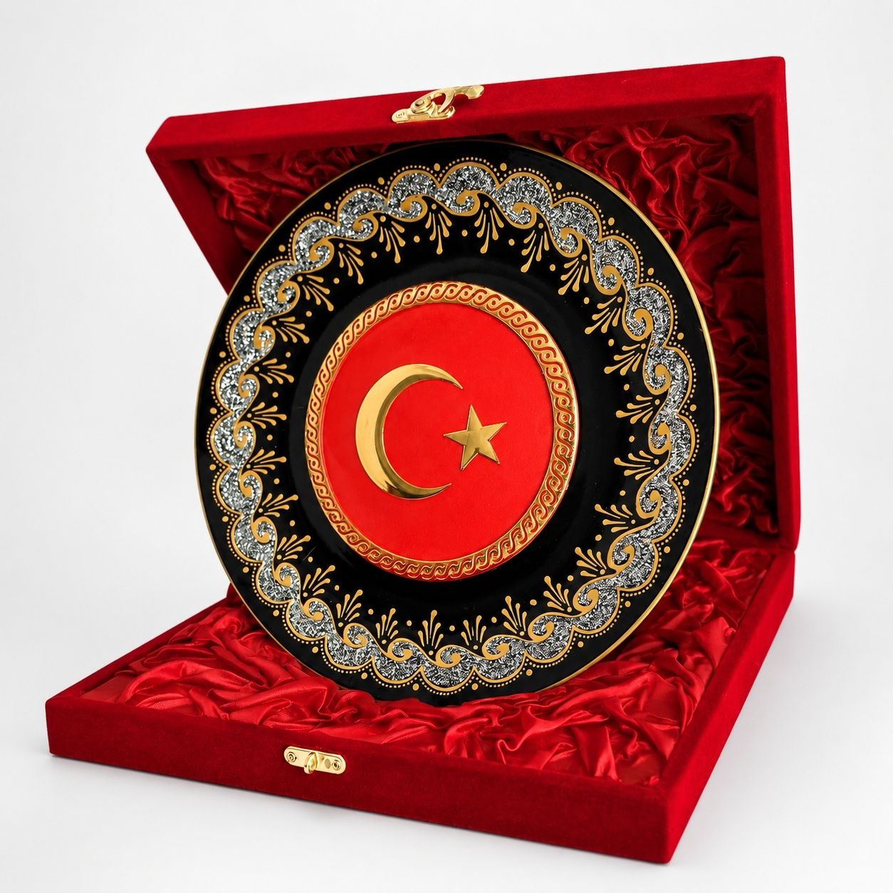 Ay Yıldızlı Porselen Dekoratif Tabak – Kırmızı Kadife Kutulu Hediyelik 25 cm