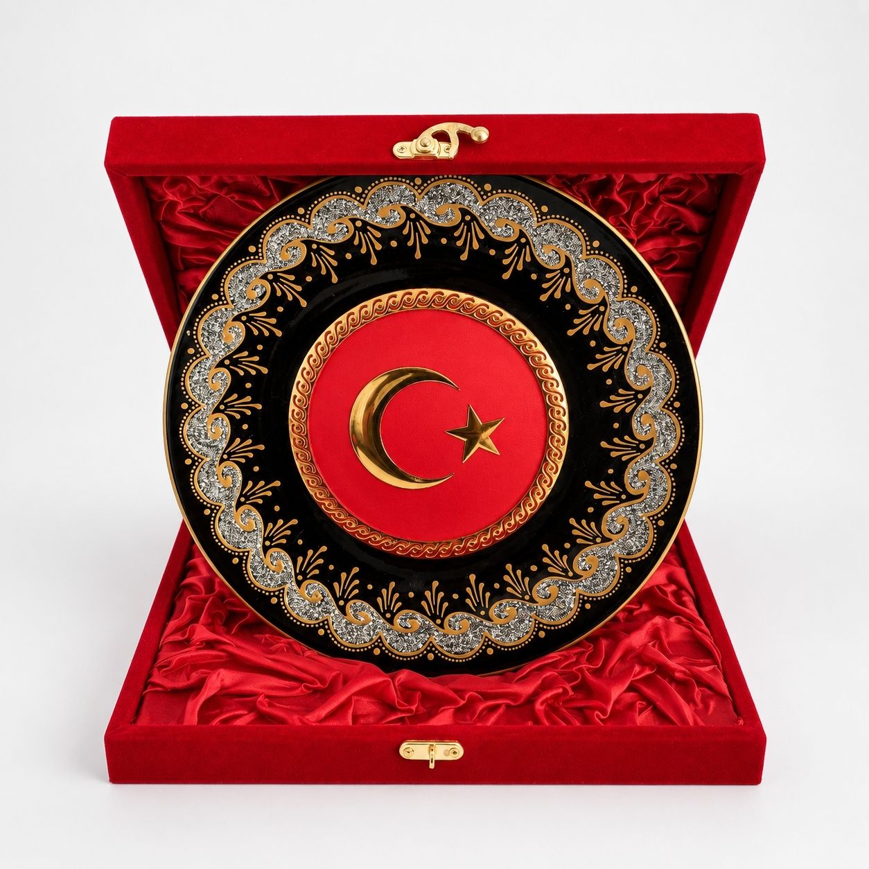Ay Yıldızlı Porselen Dekoratif Tabak – Kırmızı Kadife Kutulu Hediyelik 25 cm