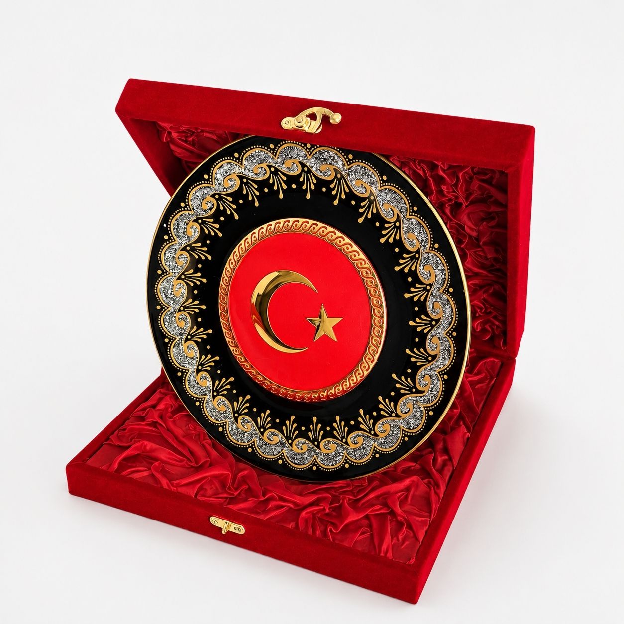 Ay Yıldızlı Porselen Dekoratif Tabak – Kırmızı Kadife Kutulu Hediyelik 25 cm