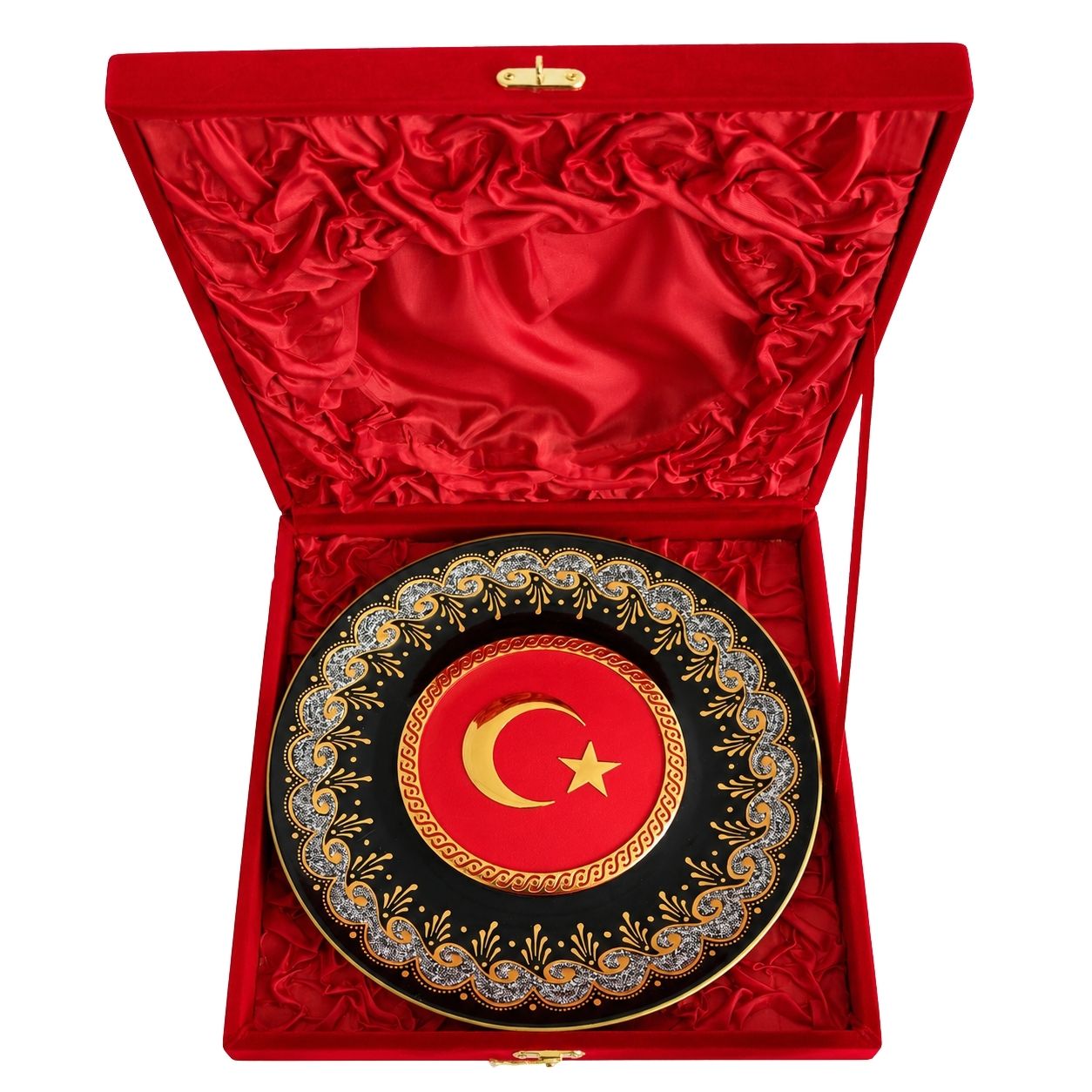 Ay Yıldızlı Porselen Dekoratif Tabak – Kırmızı Kadife Kutulu Hediyelik 25 cm