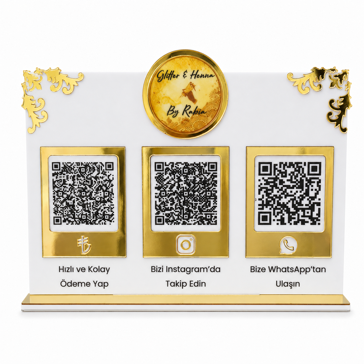 Gold Detaylı 3'lü QR Kod Sosyal Medya ve Ödeme Standı
