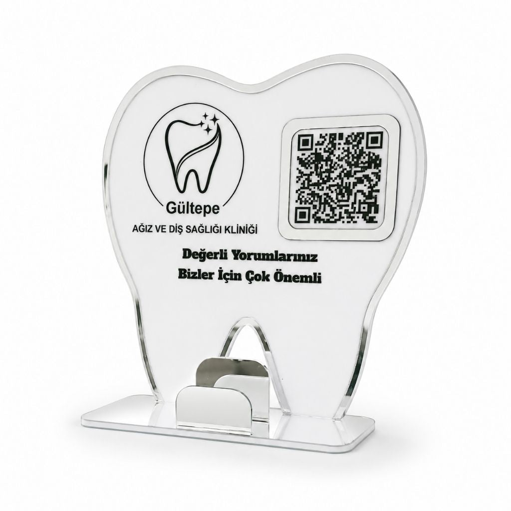 Diş Hekimlerine Özel Tasarım Gold Detaylı Diş Formunda Masaüstü QR Stand