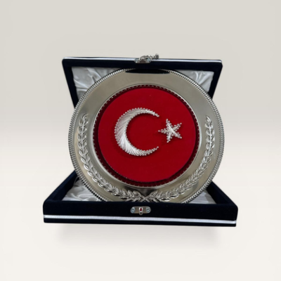 Filografi Bayrak Gümüş Tabak Plaket – 25 cm Lacivert Kadife Kutulu Ay Yıldız Protokol Ödülü