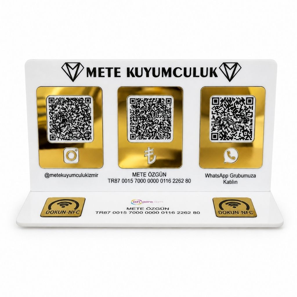 Gold Aynalı 3'lü QR Kod ve Çift NFC Standı 25 × 14 cm