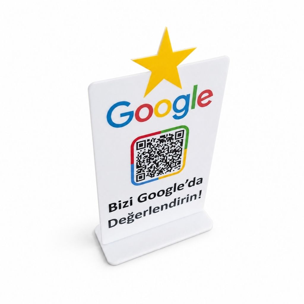 Google Review QR Stand A5 Ayaklı Pleksi Pano – 1 QR kod alanı ve tasarım detayı