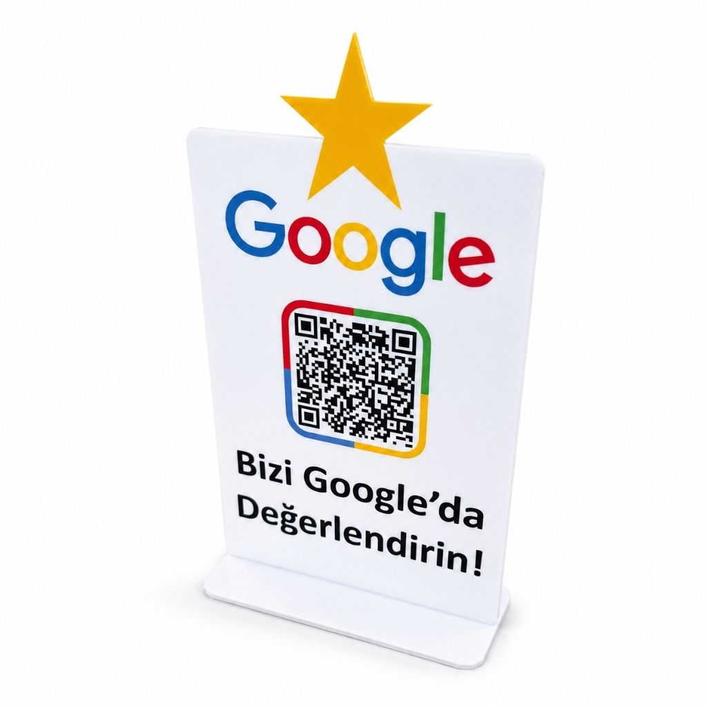 Google Review QR Stand A5 Ayaklı Pleksi Pano – masaüstü kullanım görünümü