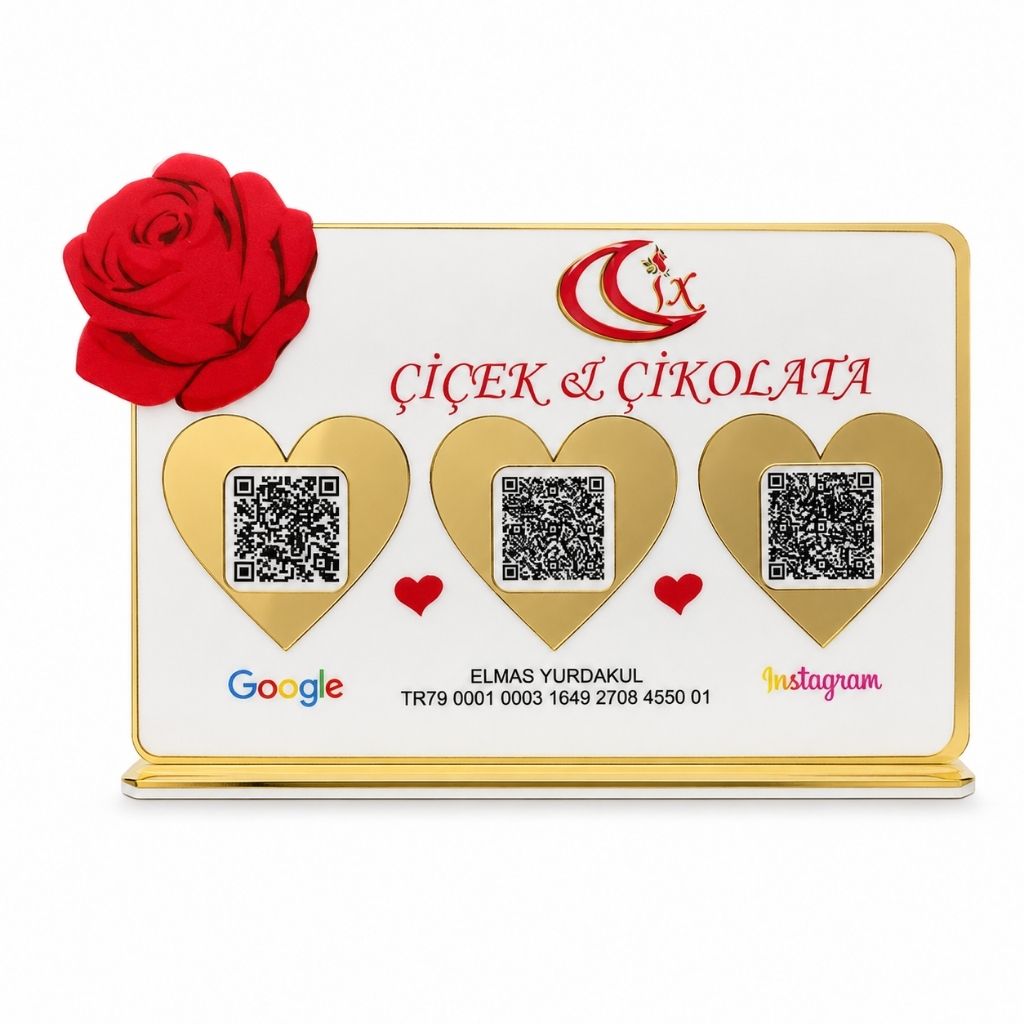 Gül Detaylı 3'lü NFC ve QR Kod Standı – Çiçekçi ve Çikolatacı
