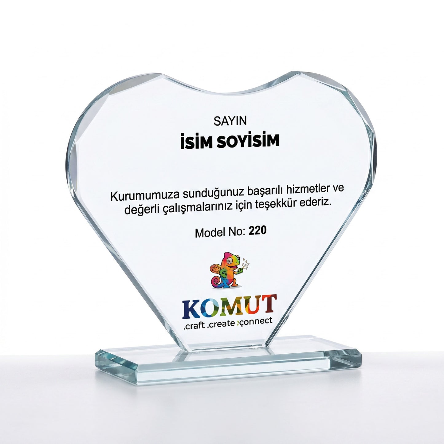 Kalp Formunda Kristal Plaket UV Baskılı Özel Teşekkür Ödülü