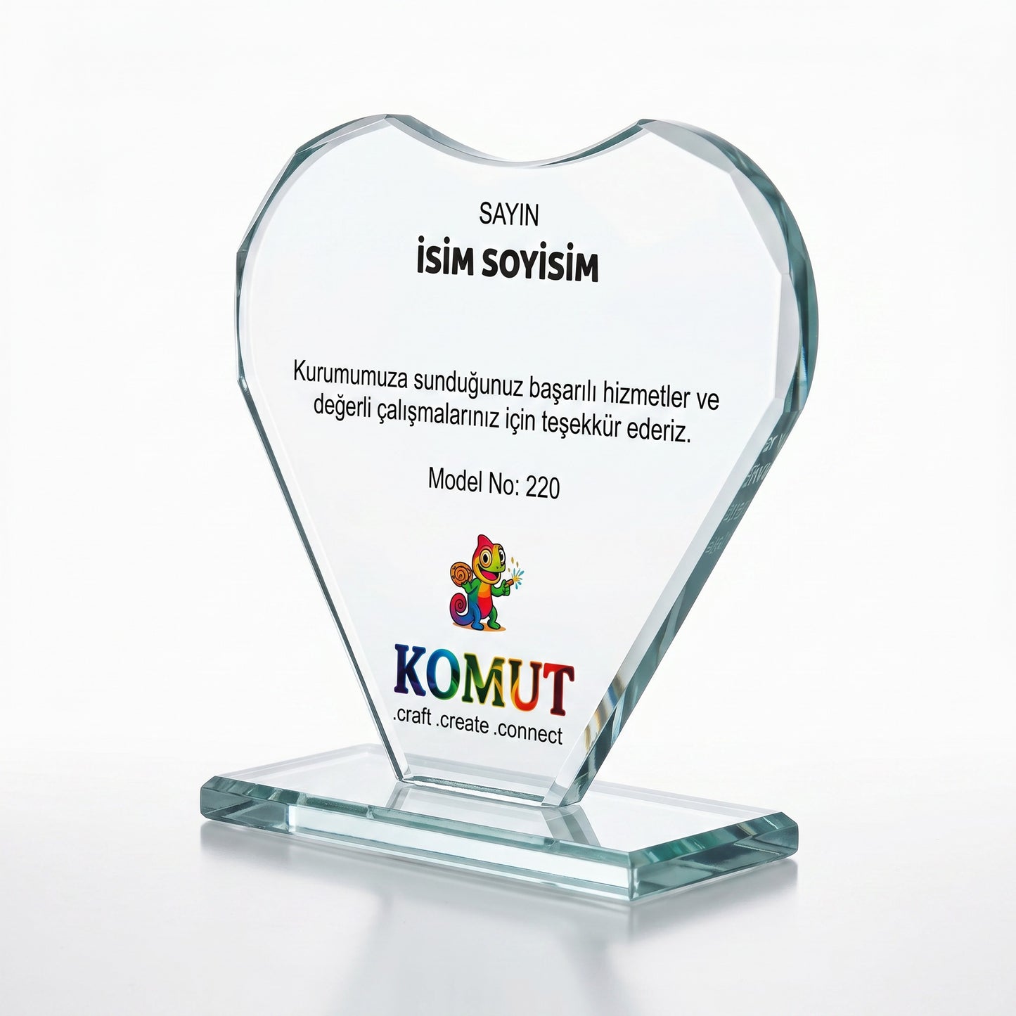 Kalp Formunda Kristal Plaket UV Baskılı Özel Teşekkür Ödülü