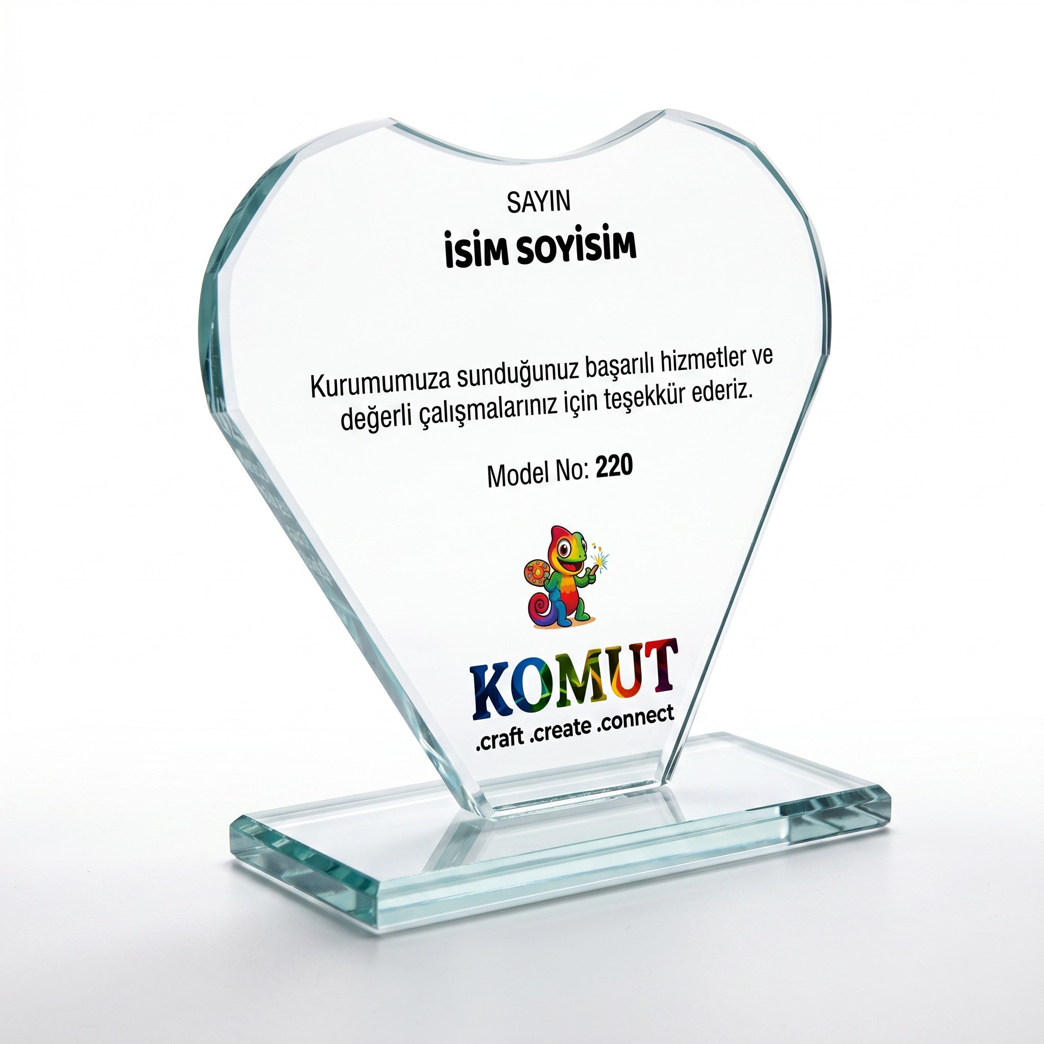 Kalp Formunda Kristal Plaket UV Baskılı Özel Teşekkür Ödülü