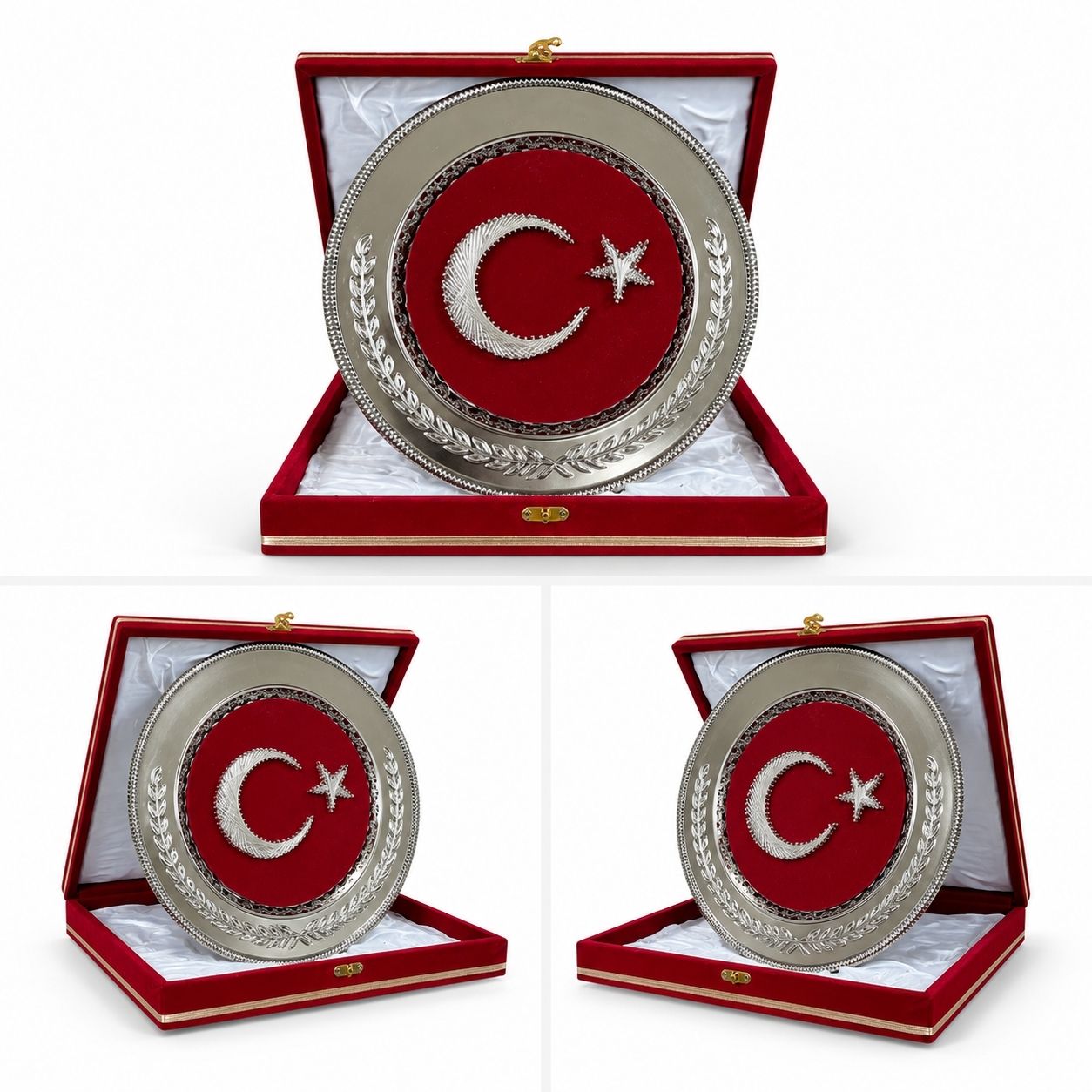 Kırmızı Kadife Kutulu Ay Yıldızlı Gümüş Renk Dekoratif Tabak – Protokol ve Makam Hediyesi