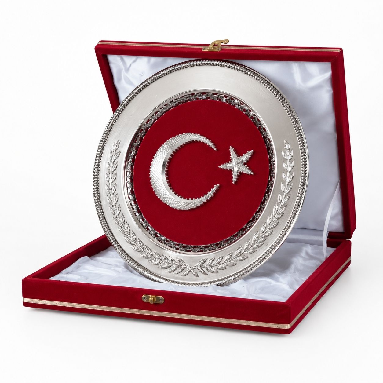 Kırmızı Kadife Kutulu Ay Yıldızlı Gümüş Renk Dekoratif Tabak – Protokol ve Makam Hediyesi