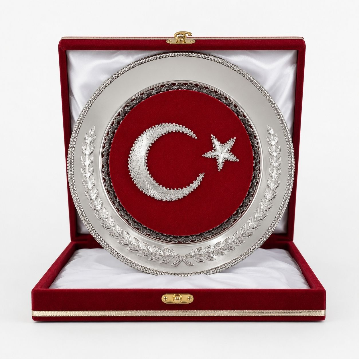 Kırmızı Kadife Kutulu Ay Yıldızlı Gümüş Renk Dekoratif Tabak – Protokol ve Makam Hediyesi