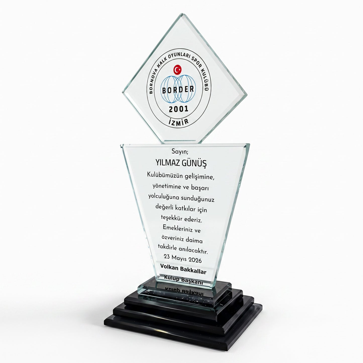 Kişiye Özel Elmas Başlıklı Kademeli Tabanlı Kristal Plaket – Model 016