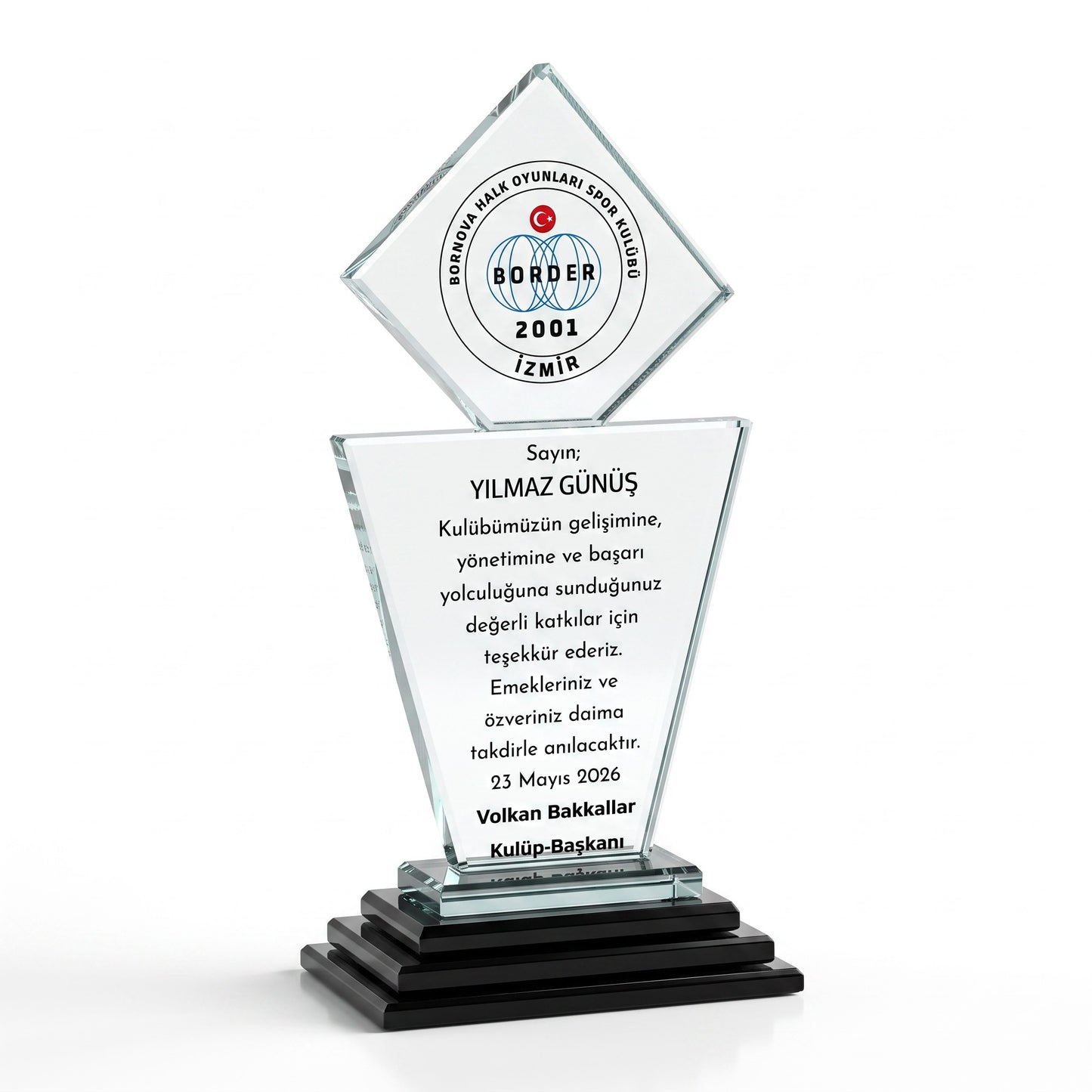 Kişiye Özel Elmas Başlıklı Kademeli Tabanlı Kristal Plaket – Model 016