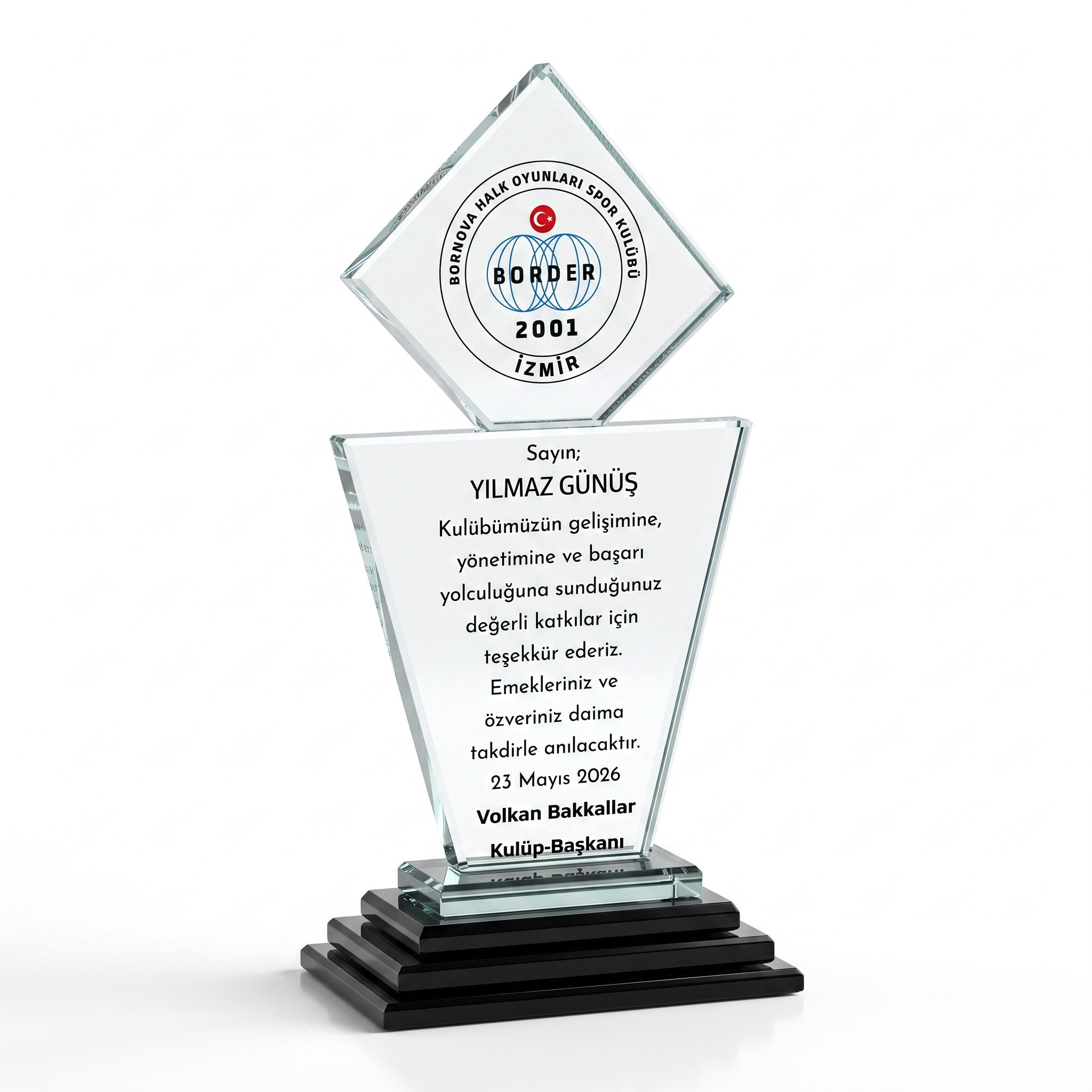 Kişiye Özel Elmas Başlıklı Kademeli Tabanlı Kristal Plaket – Model 016