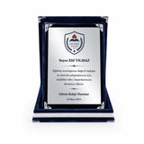 Küçük Boy Lacivert Kadife Kutulu Albüm Plaket – 9 × 12 cm Gümüş Metal Plakalı