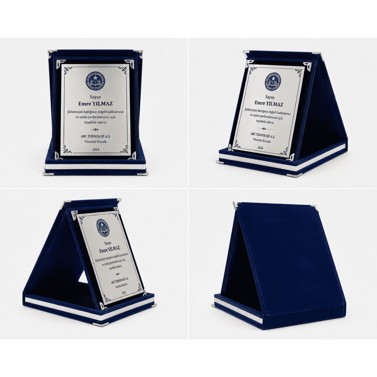 Küçük Boy Lacivert Kadife Kutulu Albüm Plaket – 9 × 12 cm Gümüş Metal Plakalı
