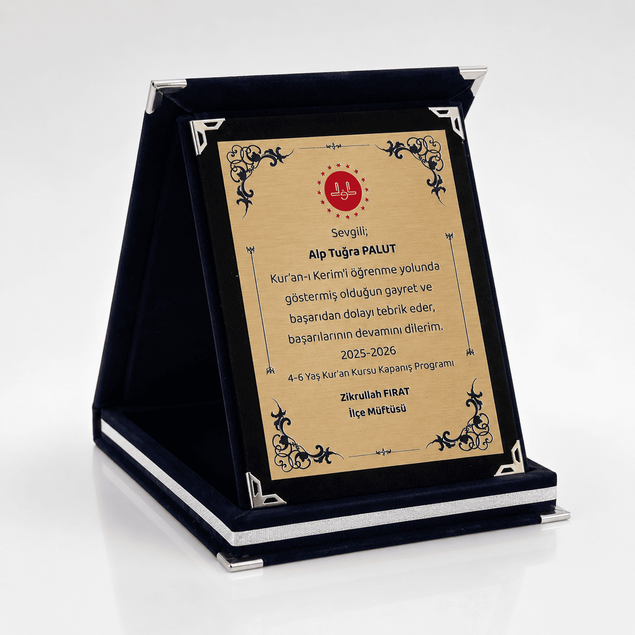 Büyük Boy Lacivert Kadife Kutulu Kişiye Özel Albüm Plaket – 15 × 20 cm Metal Plakalı
