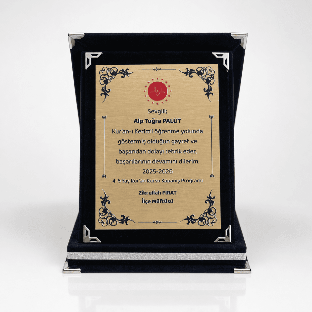 Büyük Boy Lacivert Kadife Kutulu Kişiye Özel Albüm Plaket – 15 × 20 cm Metal Plakalı