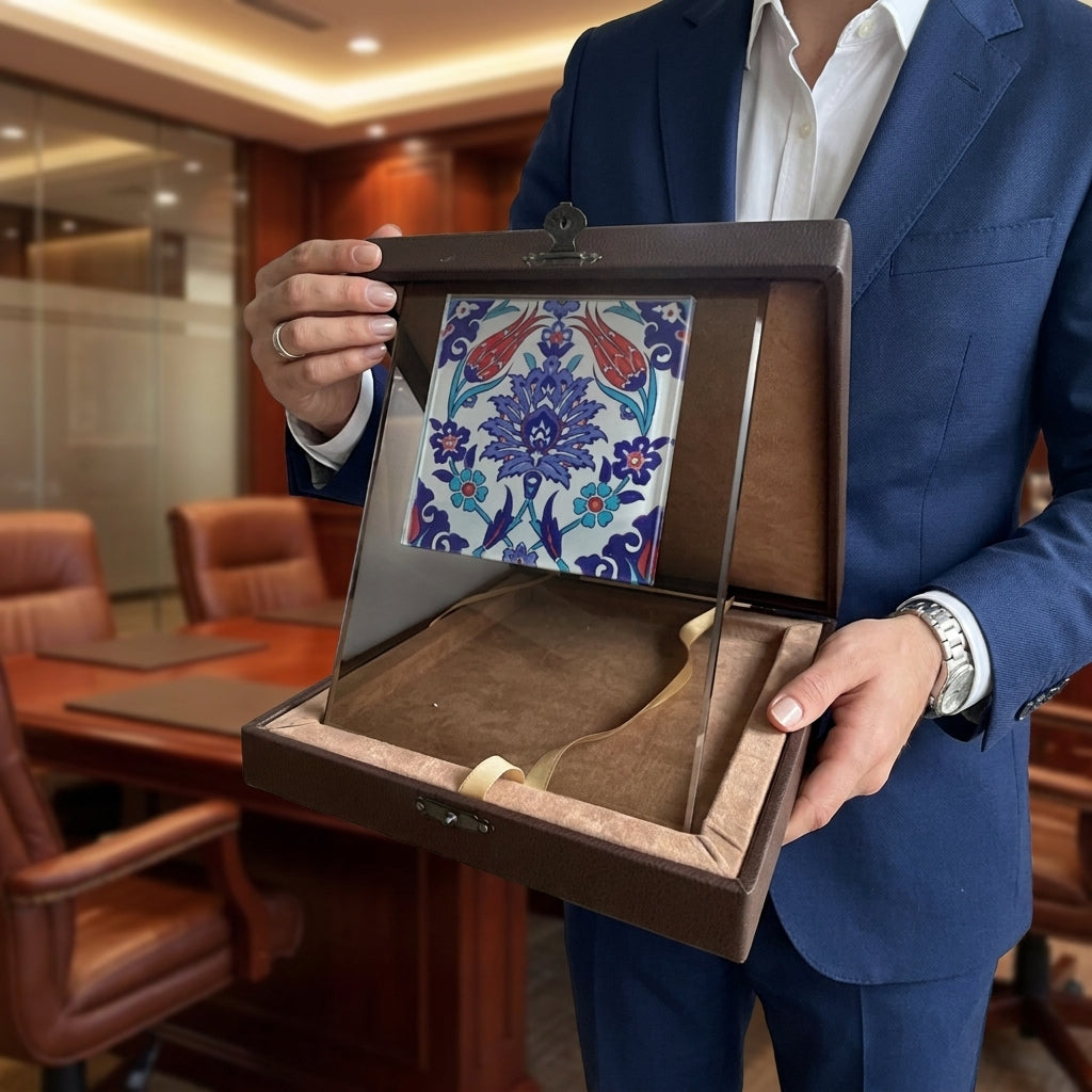 Deri Kutulu Kare Detaylı Şeffaf Cam Plaket – Kişiye Özel UV Baskı