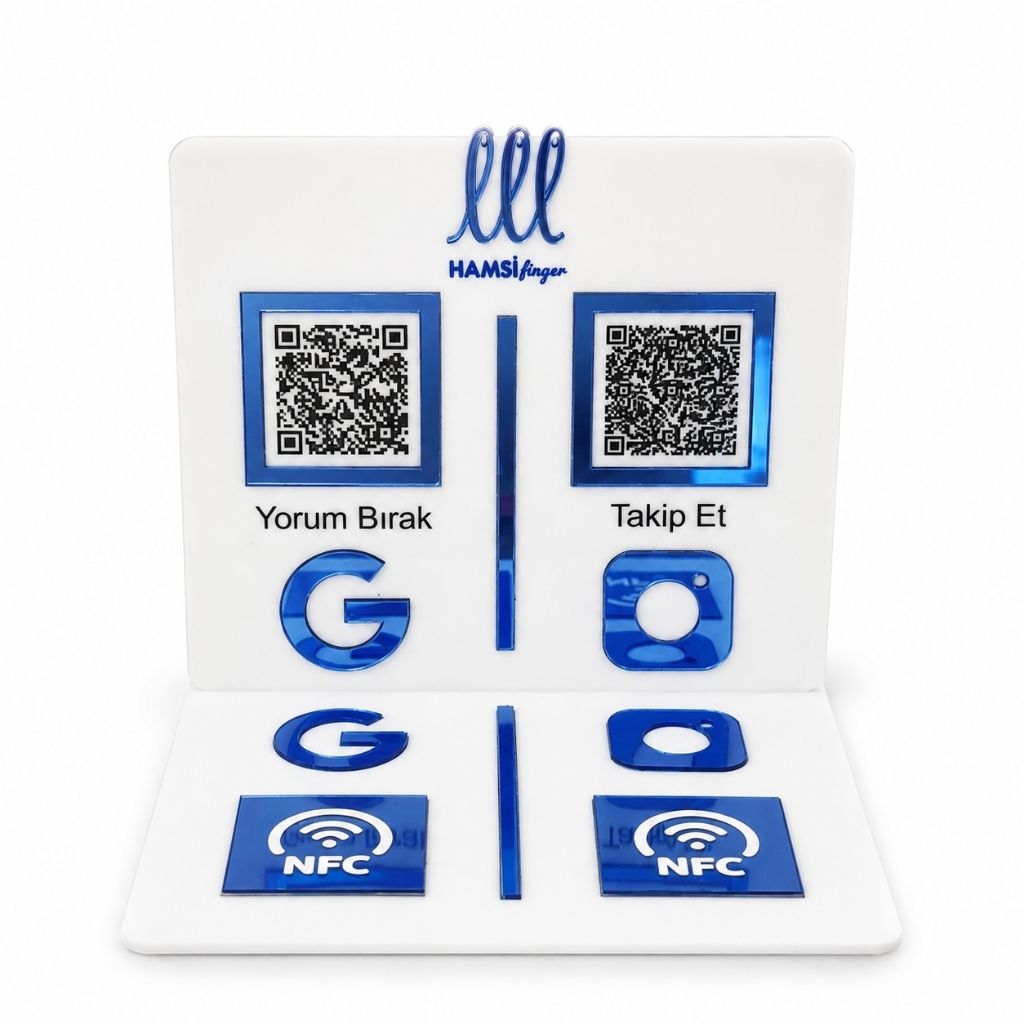 Mavi Aynalı 2'li NFC ve QR Kod Standı – Google Yorum ve Instagram