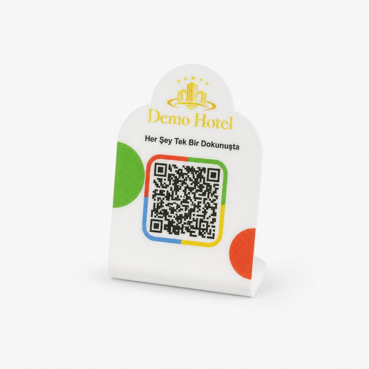 Mini Beyaz 8×5 cm Masaüstü QR Menü Standı – 1 QR kod alanı ve tasarım detayı