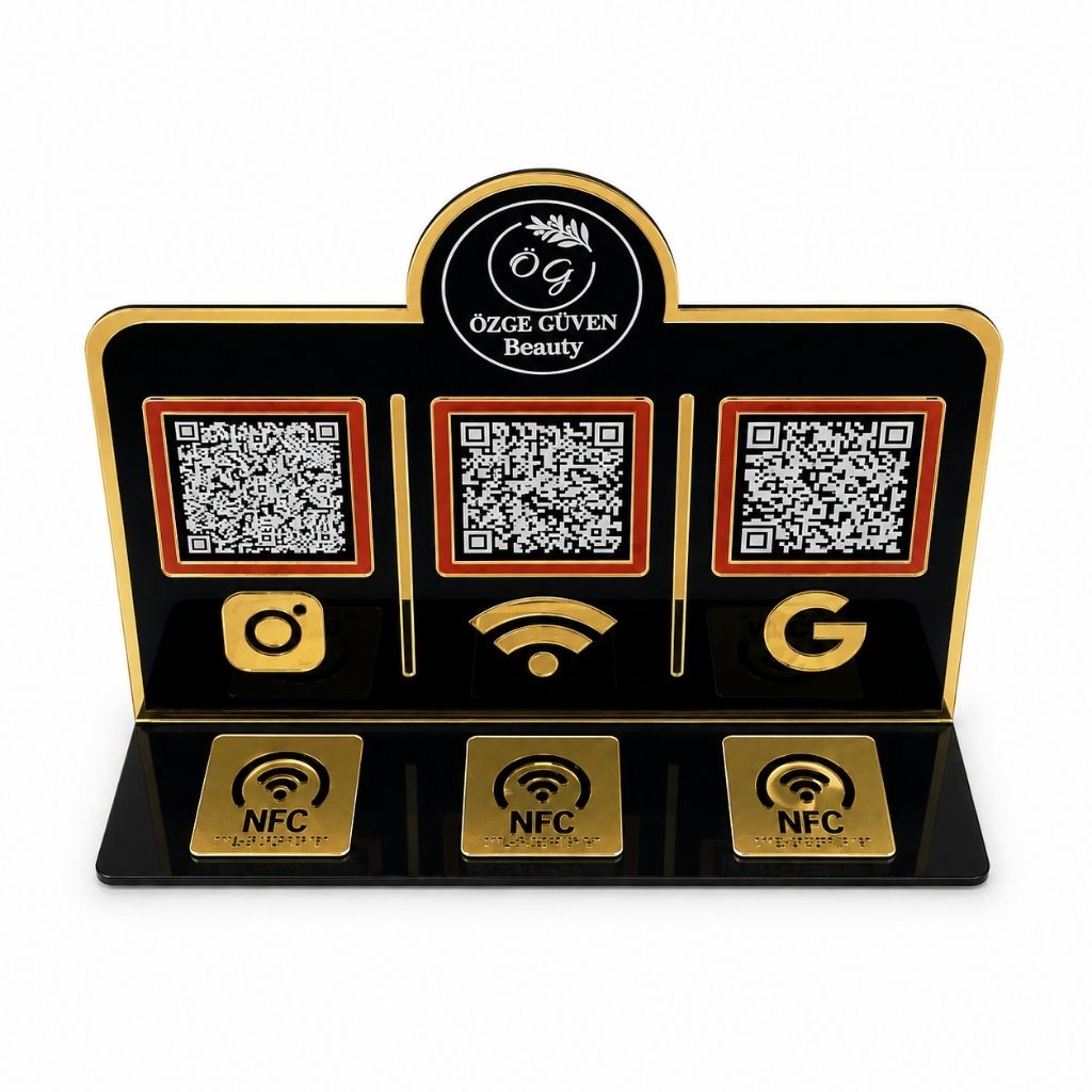 Siyah Gold 3'lü NFC ve QR Kod Standı – Sosyal Medya ve Ödeme