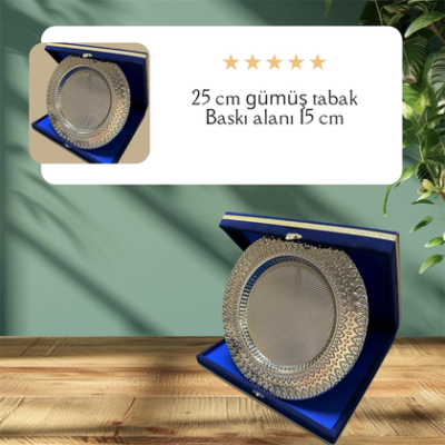 Lacivert Gümüş Tabak Plaket – 25 cm Lüks Kadife Kutulu Kurumsal Ödül ve Teşekkür Plaketi
