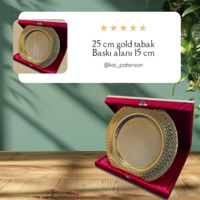 Lüks Kadife Kutulu Gold Tabak Plaket – 25 cm Kurumsal Ödül ve Teşekkür Plaketi