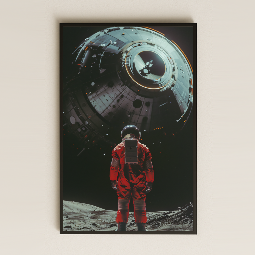 Ay Yüzeyinde Kırmızı Astronot ve Uzay Modülü Temalı Pleksi Tablo